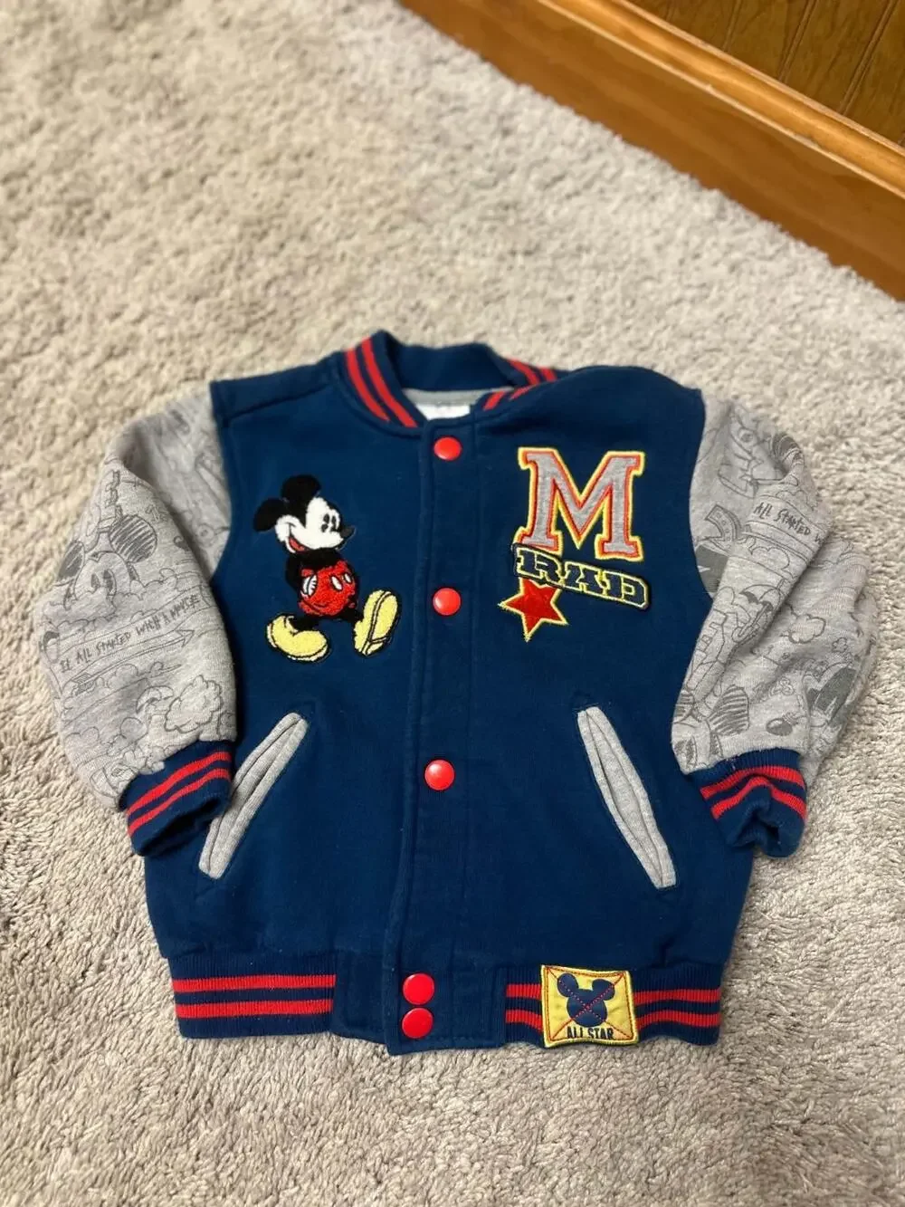 Disney Mickey Mouse Kids Varsity Jacket Snap Front Blue Gray Size 2T Toddler